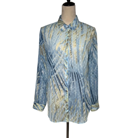 Chico's Tops - Chico's Abstract Palm Print Clip Dot Metallic Blouse Blue Green Size 1 Medium